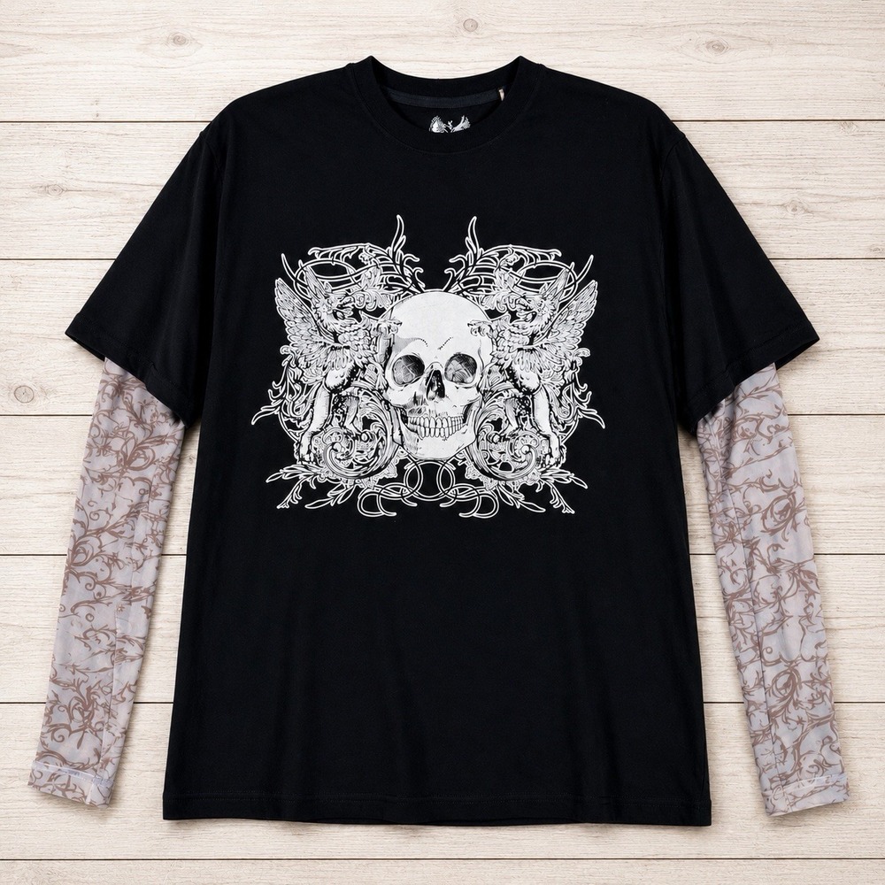 Kanji Y2K Skull Graphic Shirt L Tattoo Mesh Layered Long Sleeve Gothic Skate NWT
